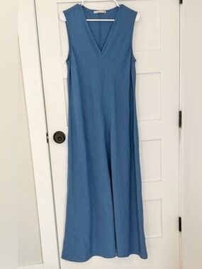 Abercrombie & Fitch Blue Linen Blend Maxi Dress Sleeveless V Neck Flowy Dress